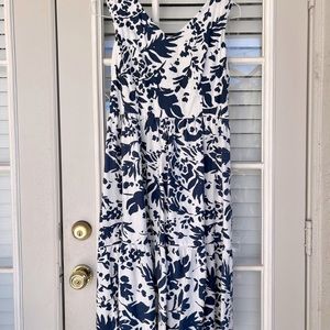 Navy blue and white linen blend dress.